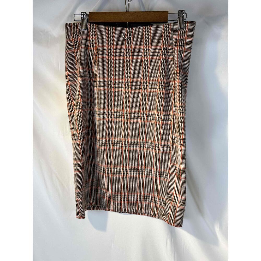 Liverpool Plaid Pencil Skirt in Black and Tan with Coral Accents